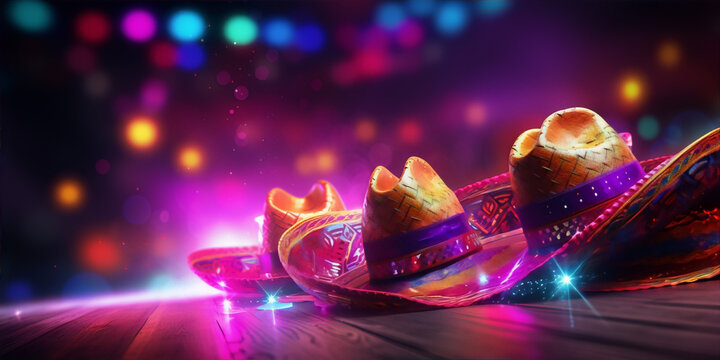 Three colorful and shiny mexican sombreros on a wooden table with a blurred background full of lights.