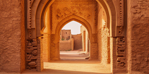 Stone archway in the ruins of an ancient building with a view of the desert