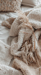 Cozy Beige Bedroom with Knitted Blankets and Decorative Pampas Grass