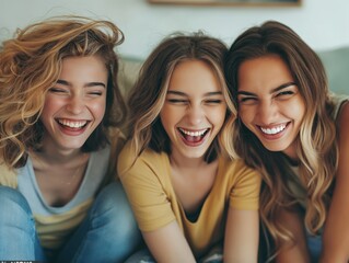 Three young women enjoying a hilarious moment together, showcasing genuine friendship and happiness.