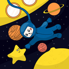 cosmonaut is a cat in a spacesuit. He flies in space. A children's poster. Planets, a rocket and the moon. A star in the sky. Vector stock illustration.