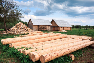 Lots of logs in the foreground, wooden buildings, village, summer, greenery, chopped firewood.