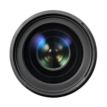 Professional optical lens for modern DSLR cameras isolated. Front view. Transparent PNG image.