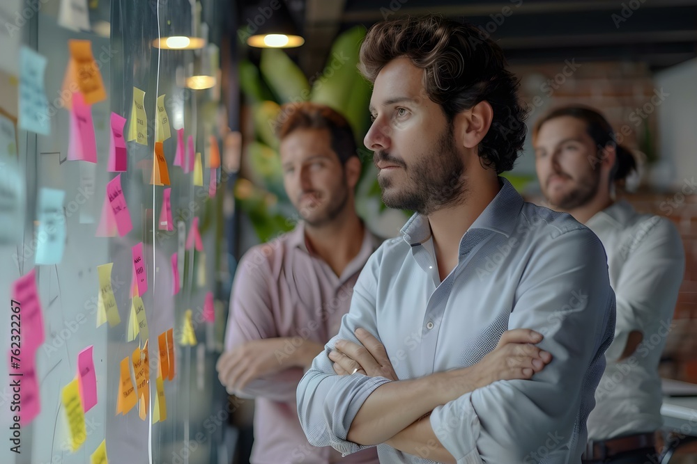 Poster team of developers at standup meeting with sticky notes and scrum board. concept scrum meeting, deve