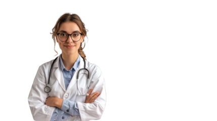 Portrait of an attractive young female doctor in white coat. PNG file of isolated cutout object on transparent background.