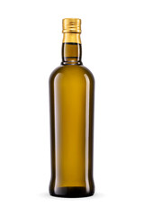 Olive oil dark green glass bottle sealed with a gold cap isolated. Transparent PNG image.