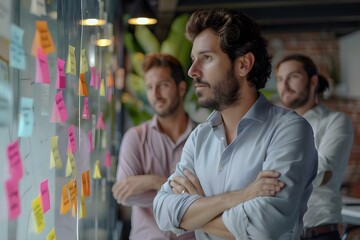 Team of developers at standup meeting with sticky notes and scrum board. Concept Scrum Meeting, Development Team, Standup Meeting, Sticky Notes, Scrum Board