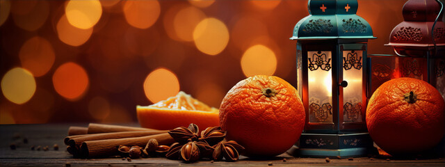 Still life photography of a lantern, oranges, cinnamon sticks, and anise on a wooden table with a blurred background of bokeh lights in warm colors. - obrazy, fototapety, plakaty