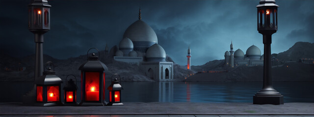 Night view of a mosque with red glowing lanterns in the foreground - obrazy, fototapety, plakaty