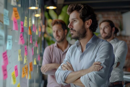 Team of developers at standup meeting with sticky notes and scrum board. Concept Scrum Meeting, Development Team, Standup Meeting, Sticky Notes, Scrum Board
