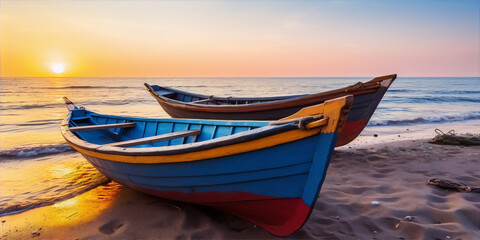 Two wooden fishing boats on a sandy beach at sunset in summer
