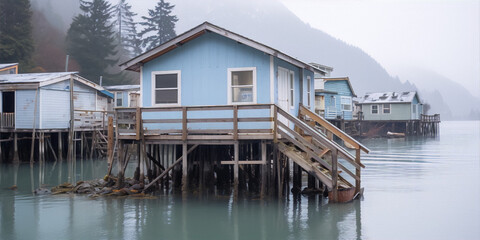 Misty waterfront houses on stilts. Quiet harbor scene.