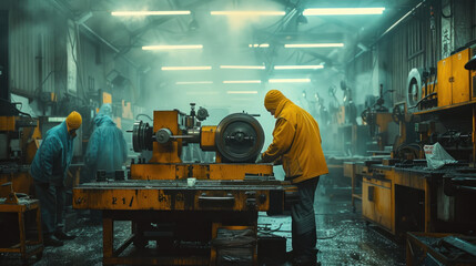 Fototapeta na wymiar Men Working on Machinery in Factory