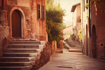 Fototapeta na wymiar Charming narrow street in Italy with stone steps, brick buildings and bright sunlight