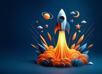 Rocket take off with flame, minimalist cartoon 3D style illustration - 762322463