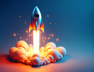 Rocket take off with flame, minimalist cartoon 3D style illustration - 762322472