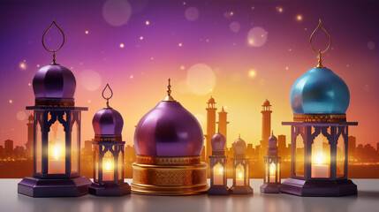 Ramadan Kareem greeting card with glowing lanterns and mosque silhouettes on purple background