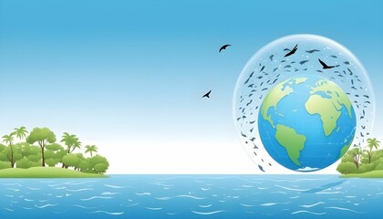 Naklejka premium world ocean day background theme with trees birds and water 