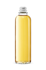 Transparent glass bottle filled with yellow liquid cream soda soft drink isolated. Transparent PNG image.