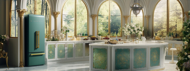 kitchen interior design, luxury, green and gold, classic, elegant, 3d rendering