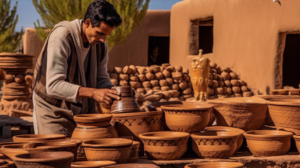 Artisan pottery making clay pots and bowls in the hot sun
