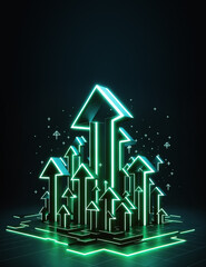 3D style backdrop, market trend, investment growth, green dynamic glowing arrows up on black background - 762322687