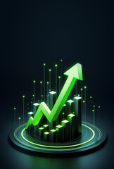 3D style backdrop, market trend, investment growth, green dynamic glowing arrows up on black background - 762322689