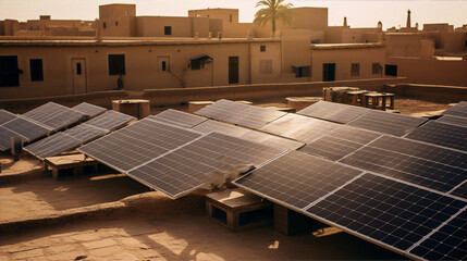 Photo of solar panels on the rooftop of a house in a middle eastern city with a warm color palette