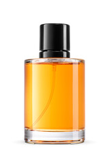 Cylindrical perfume bottle with black cap filled amber-colored fragrance isolated. Transparent PNG...