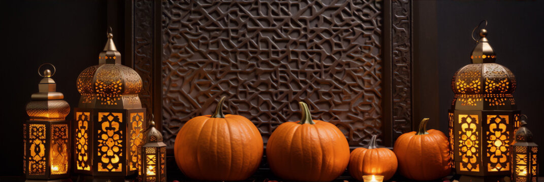 Four pumpkins and two lanterns with candles on a dark patterned background.