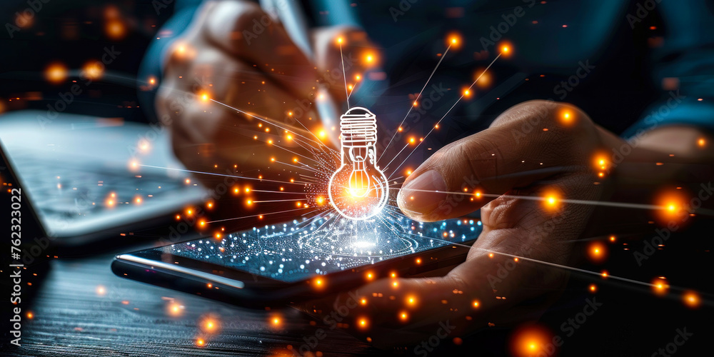 Poster innovative professional generating ideas with lightbulb icon on digital interface using smartphone a