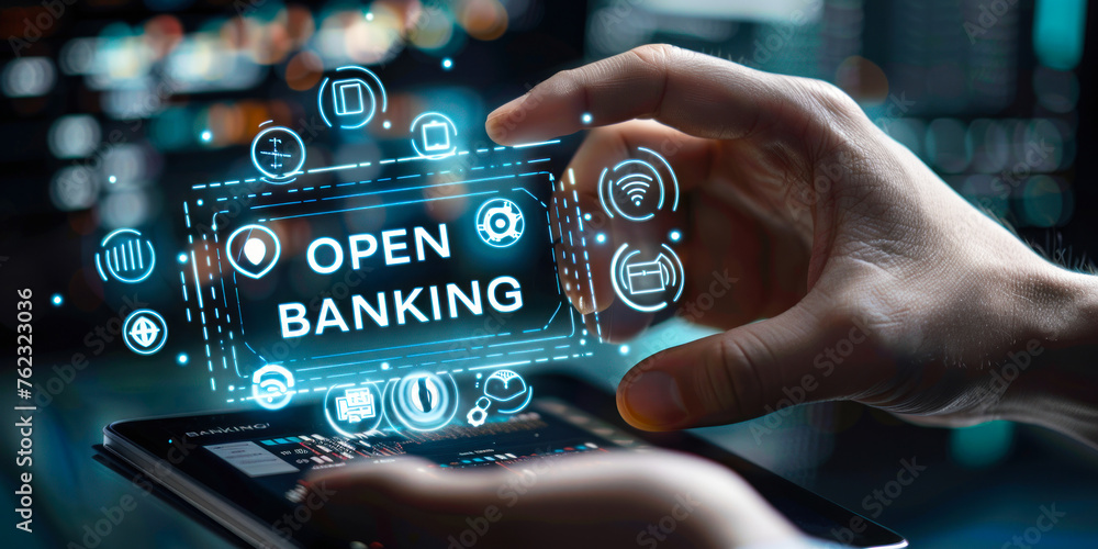 Poster futuristic concept of open banking with api and financial icons hovering above a tablet in a user's 