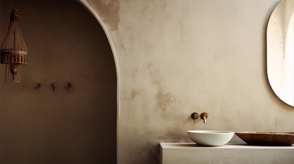 Bathroom interior with a minimalist aesthetic, featuring a curved wall, vessel sink, and organic materials.