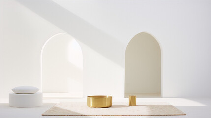 3D rendering, interior design, minimalist, white, arches, podium, rug, bowl, cup, sunlight, shadow, neutral colors