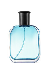 Rectangular perfume bottle with black cap filled blue-colored fragrance isolated. Transparent PNG...