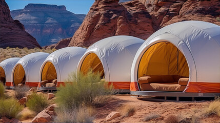 Futuristic white and orange pods with a stunning desert backdrop - obrazy, fototapety, plakaty