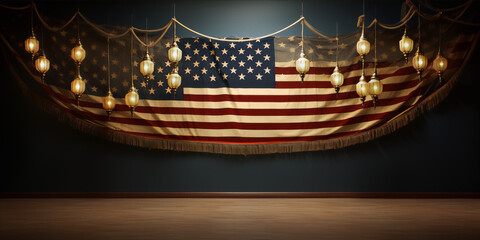 3D rendering of American flag with golden lanterns hanging from ropes in front of it