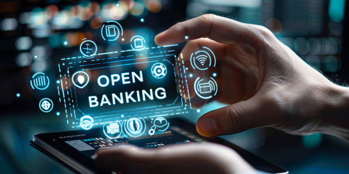 Futuristic Concept of Open Banking with API and Financial Icons Hovering Above a Tablet in a User's Hand