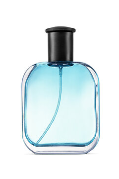 Rectangular perfume bottle with black cap filled blue-colored fragrance isolated. Transparent PNG image.