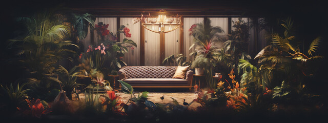 Surrealism painting of a living room with a sofa in a lush overgrown indoor garden with bright flowers and plants. - obrazy, fototapety, plakaty