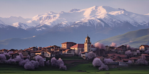 Small village with a church among the mountains with snow at sunset - obrazy, fototapety, plakaty