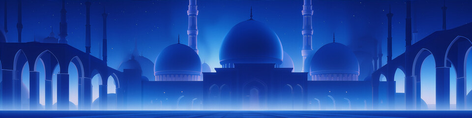 Blue glowing futuristic mosque with domes and arches in the night