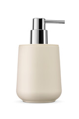 Elegant cream-colored ceramic soap dispenser with chrome pump isolated. Modern bathroom accessory. Transparent PNG image.