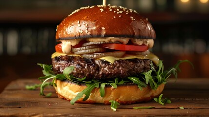 Gourmet Burger: Photograph of a gourmet burger with premium ingredients like Wagyu beef, artisanal cheese, arugula, caramelized onions, and truffle aioli - obrazy, fototapety, plakaty