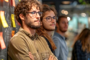 Developers in a scrum meeting using sticky notes and scrum board. Concept Scrum Methodology, Agile Development, Team Collaboration, Scrum Board, Sticky Notes