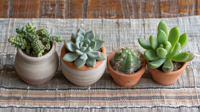 Assorted cacti and succulents in pots on textured background