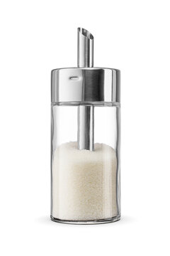 Transparent glass sugar dispenser with metal pour spout with granulated sugar inside isolated. Transparent PNG image.
