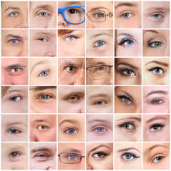 36 eyes of kids, children, adults, teens, men and women, collage with models