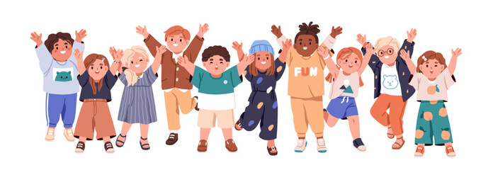 Happy children group. Cute diverse cheerful kids celebrating with hands up. Joyful excited kindergarten friends, little girls and boys. Flat graphic vector illustration isolated on white background - 762323682