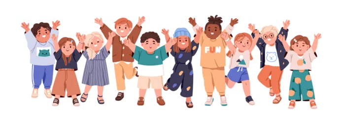 Tapeten Happy children group. Cute diverse cheerful kids celebrating with hands up. Joyful excited kindergarten friends, little girls and boys. Flat graphic vector illustration isolated on white background © Good Studio